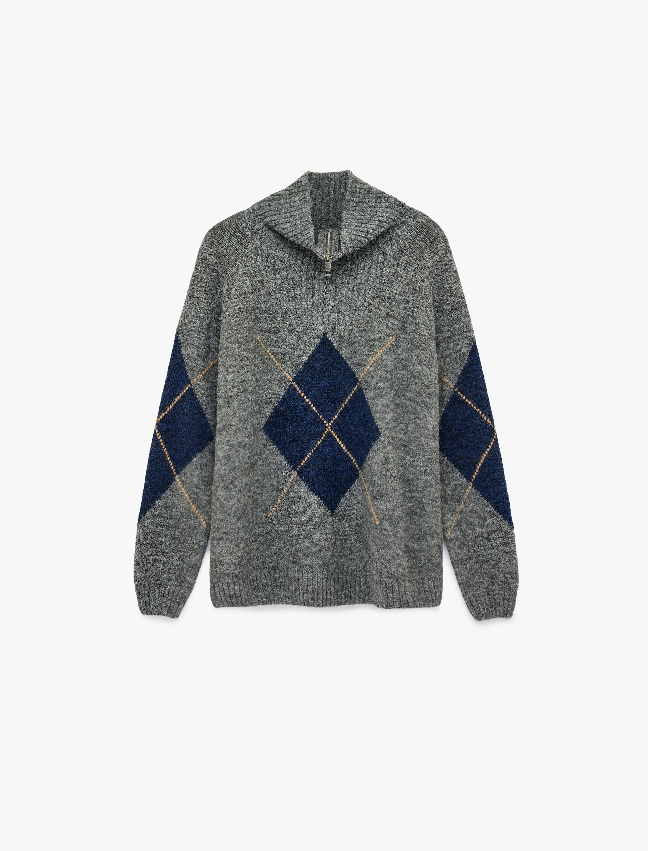   Uzun Kollu Baklava Desenli Yaka Detaylı Yarım Fermuarlı Triko Kazak