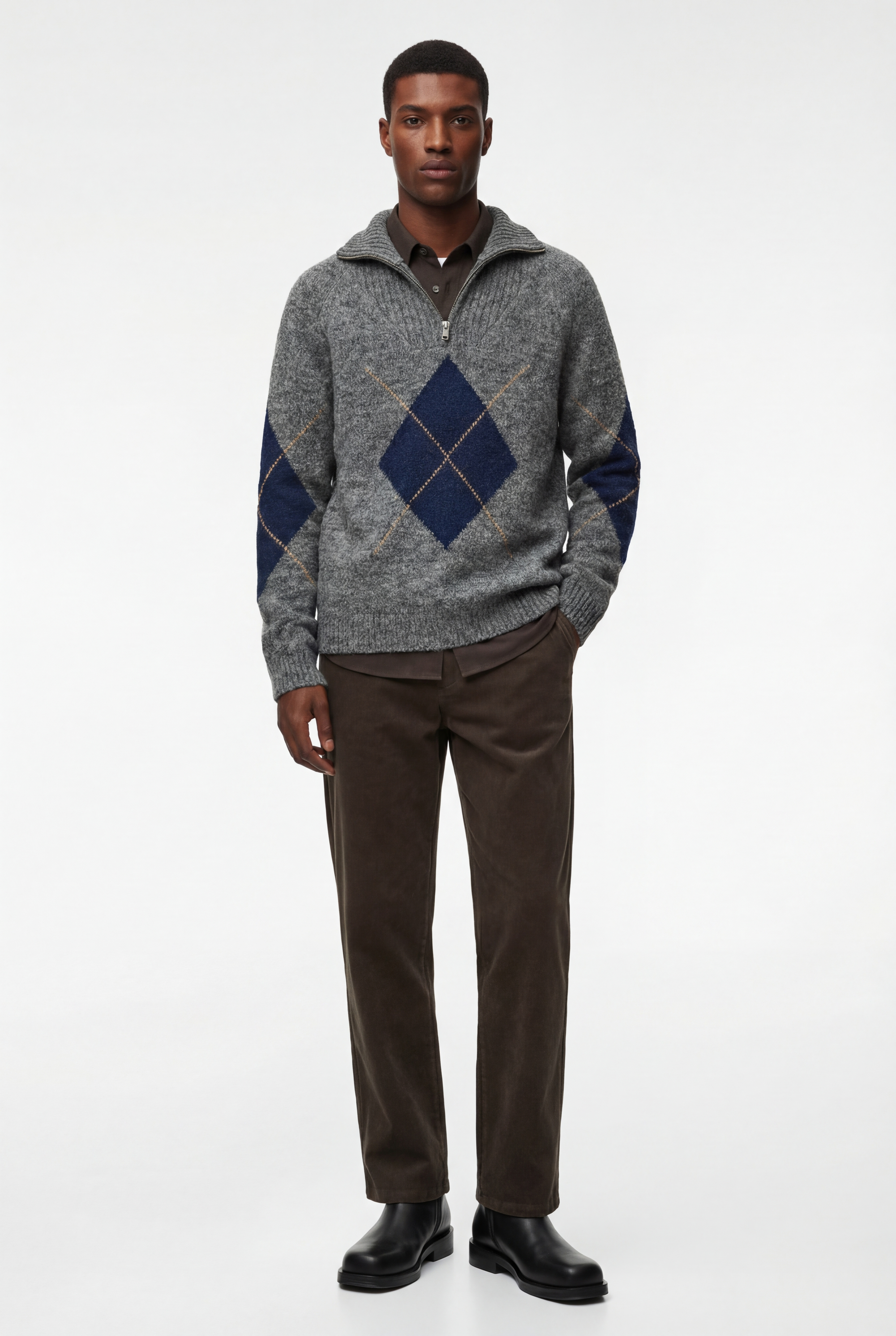   Uzun Kollu Baklava Desenli Yaka Detaylı Yarım Fermuarlı Triko Kazak