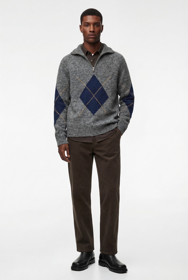  Uzun Kollu Baklava Desenli Yaka Detaylı Yarım Fermuarlı Triko Kazak