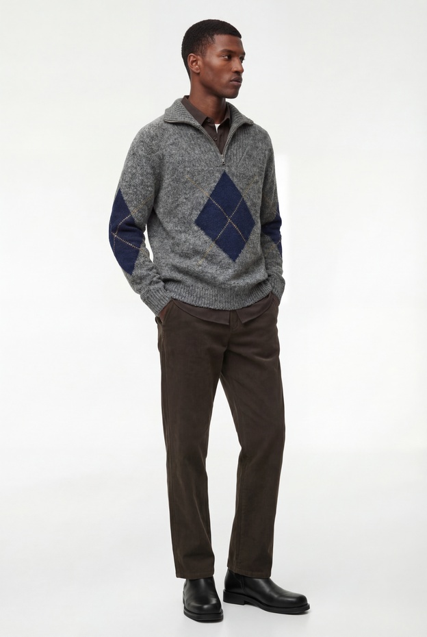  Uzun Kollu Baklava Desenli Yaka Detaylı Yarım Fermuarlı Triko Kazak