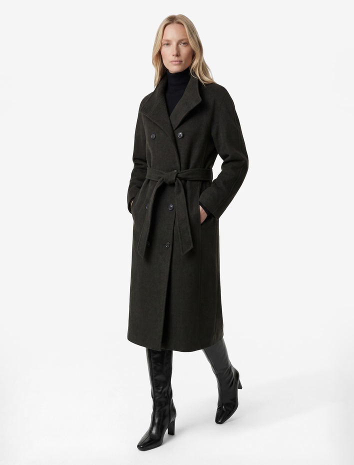  Uzun Kollu Cepli Kruvaze Dik Yaka Kemerli Uzun Kaşe Kaban