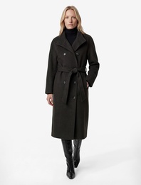 Uzun Kollu Cepli Kruvaze Dik Yaka Kemerli Uzun Kaşe Kaban