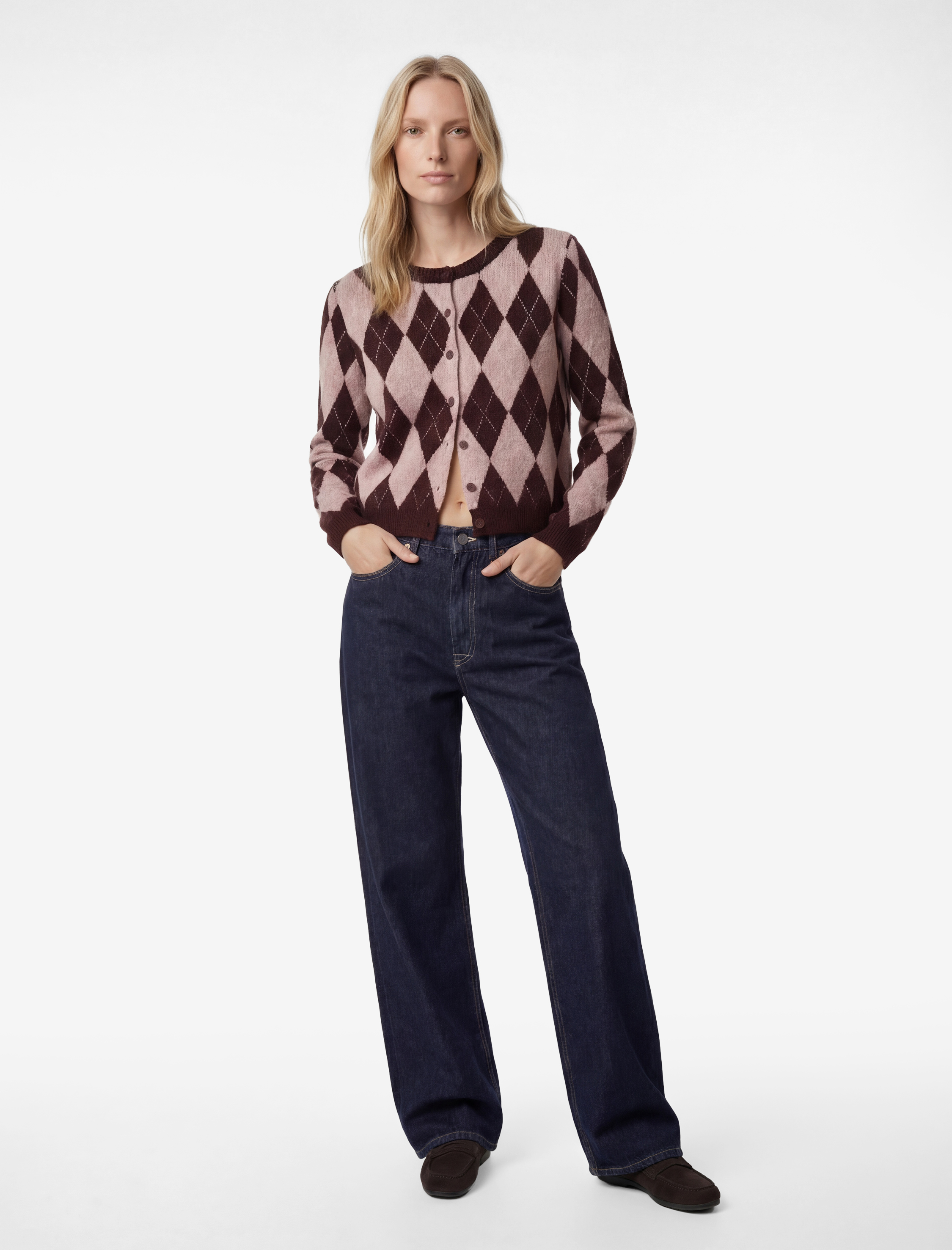   Uzun Kollu Bisiklet Yaka Baklava Desenli Düğmeli Triko Hırka