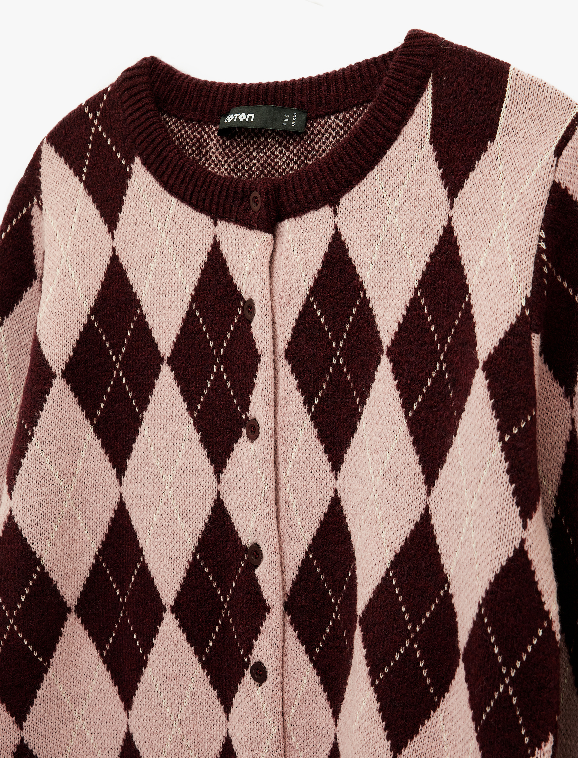   Uzun Kollu Bisiklet Yaka Baklava Desenli Düğmeli Triko Hırka