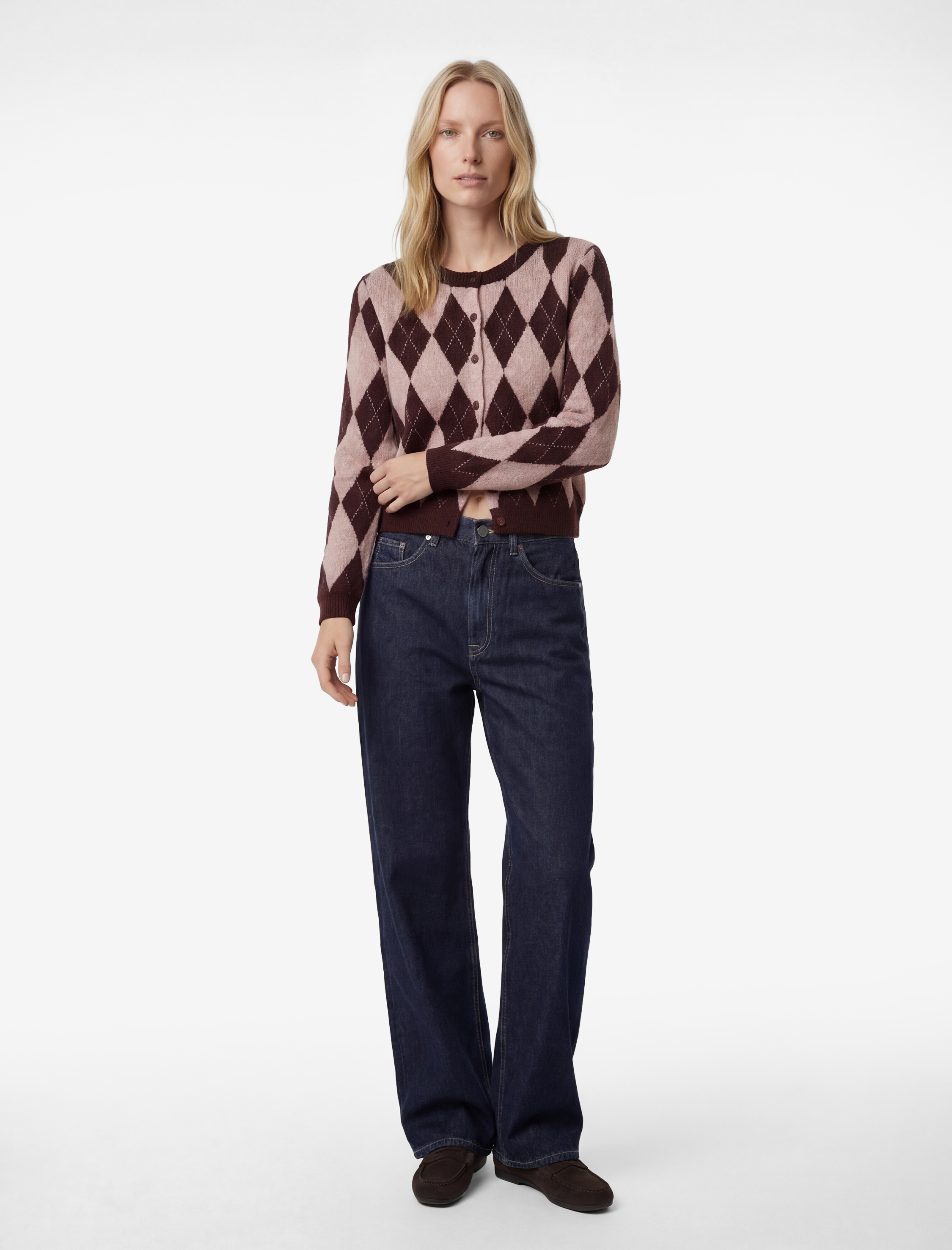   Uzun Kollu Bisiklet Yaka Baklava Desenli Düğmeli Triko Hırka