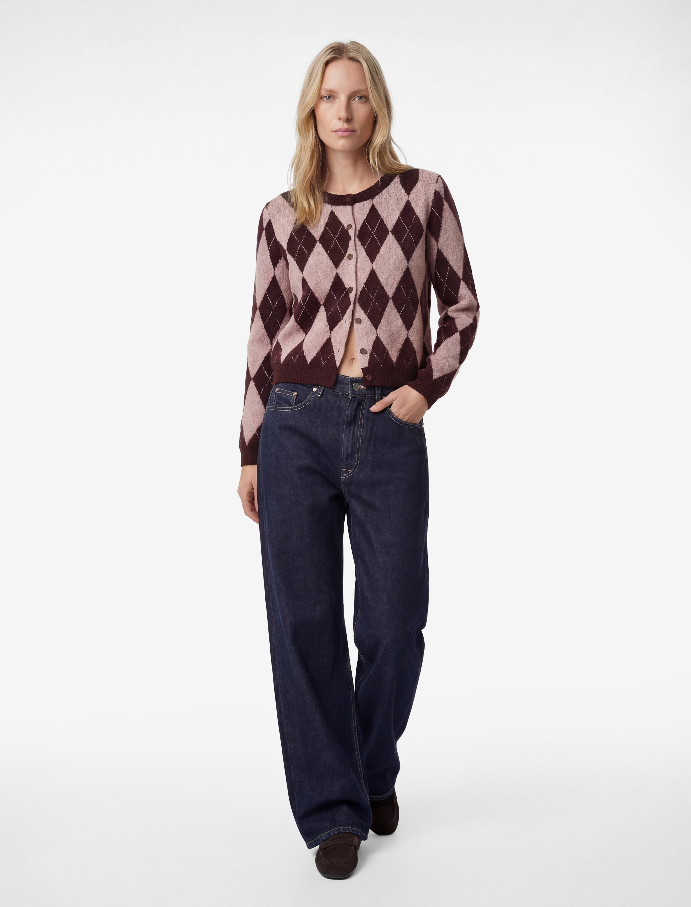   Uzun Kollu Bisiklet Yaka Baklava Desenli Düğmeli Triko Hırka