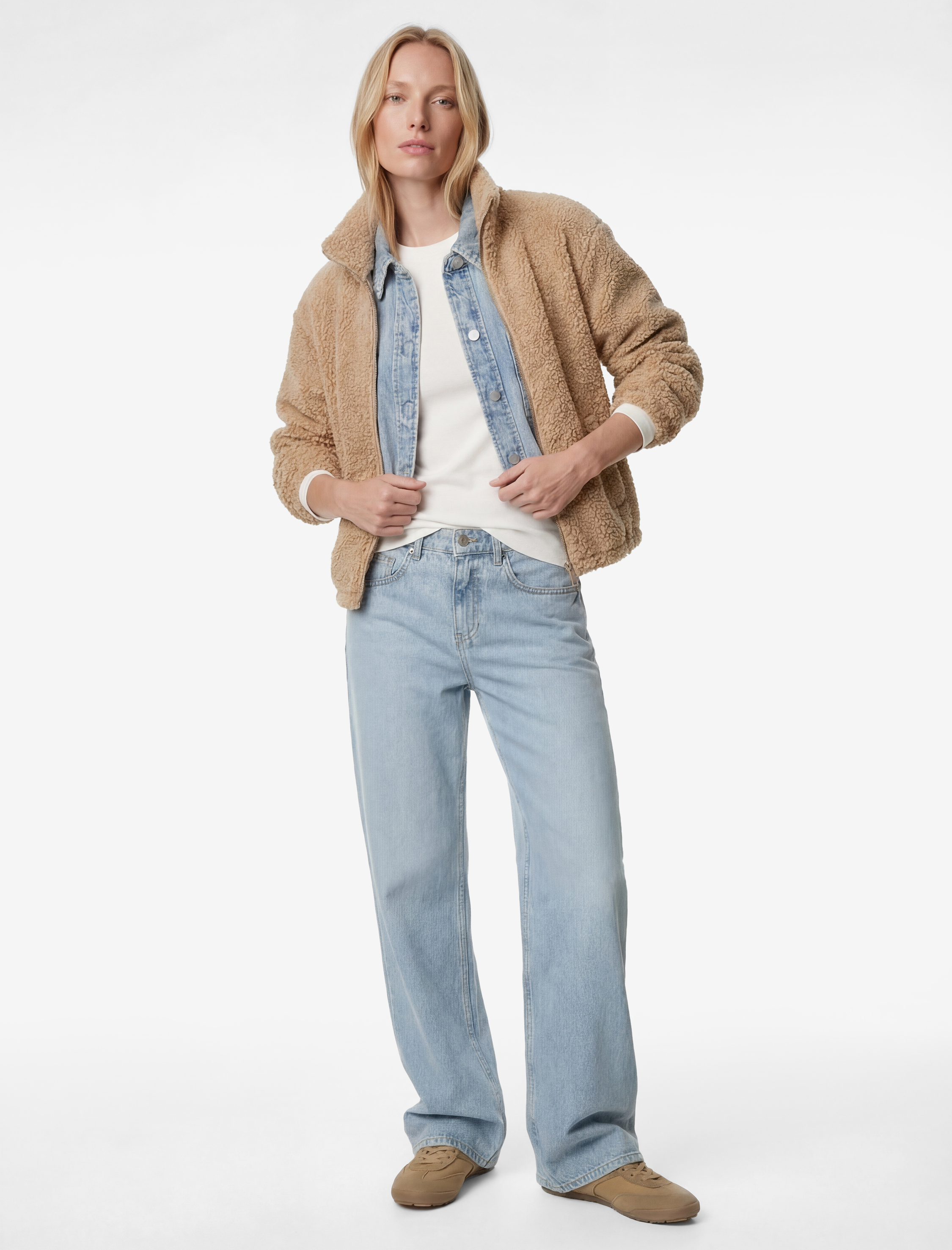   Fermuarlı Rahat Kalıp Gizli Cepli Uzun Kollu Dik Yaka Peluş Ceket