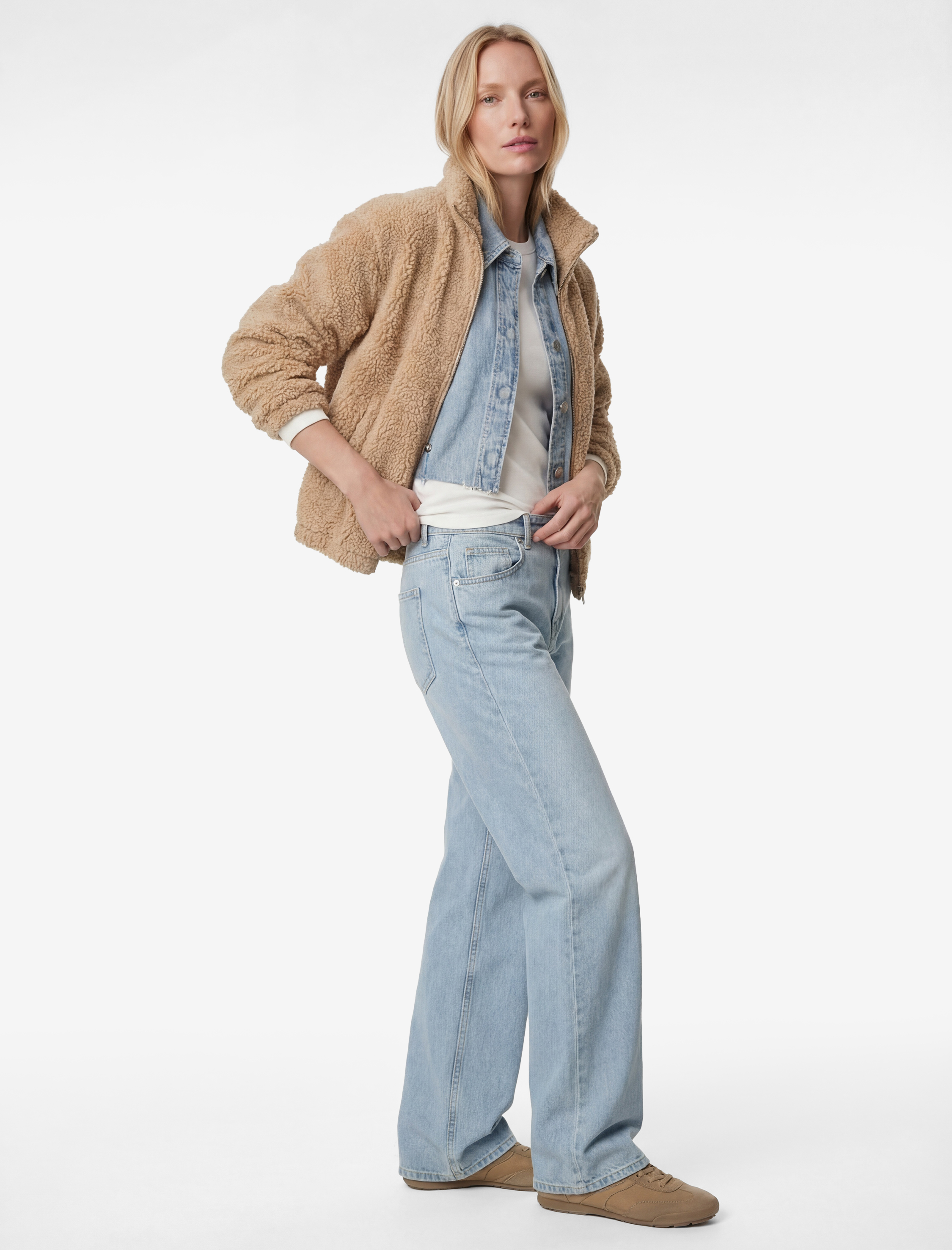   Fermuarlı Rahat Kalıp Gizli Cepli Uzun Kollu Dik Yaka Peluş Ceket