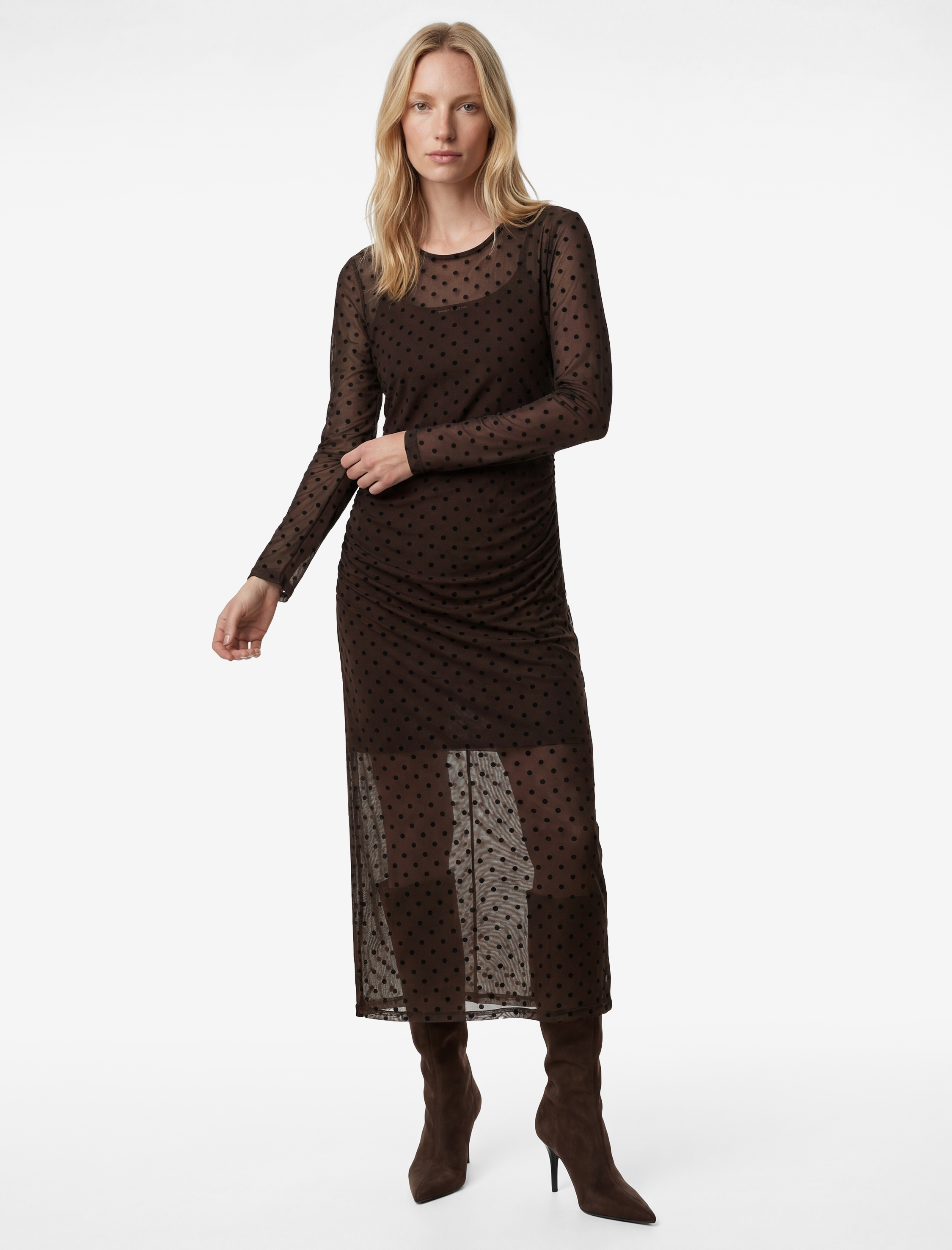   Uzun Kollu Slim Fit Bisiklet Yaka Drapeli Puantiyeli Midi Tül Elbise