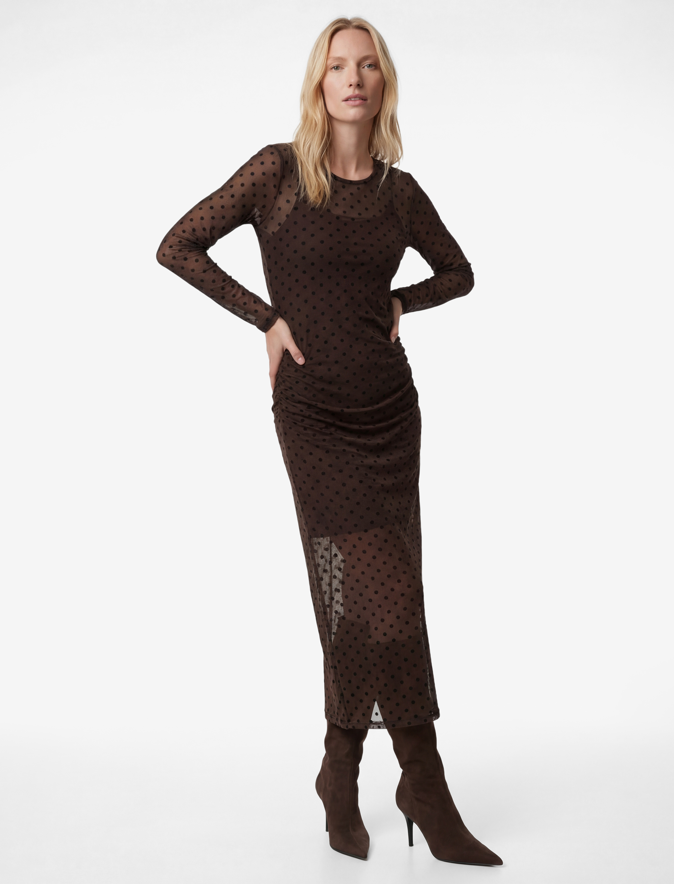   Uzun Kollu Slim Fit Bisiklet Yaka Drapeli Puantiyeli Midi Tül Elbise