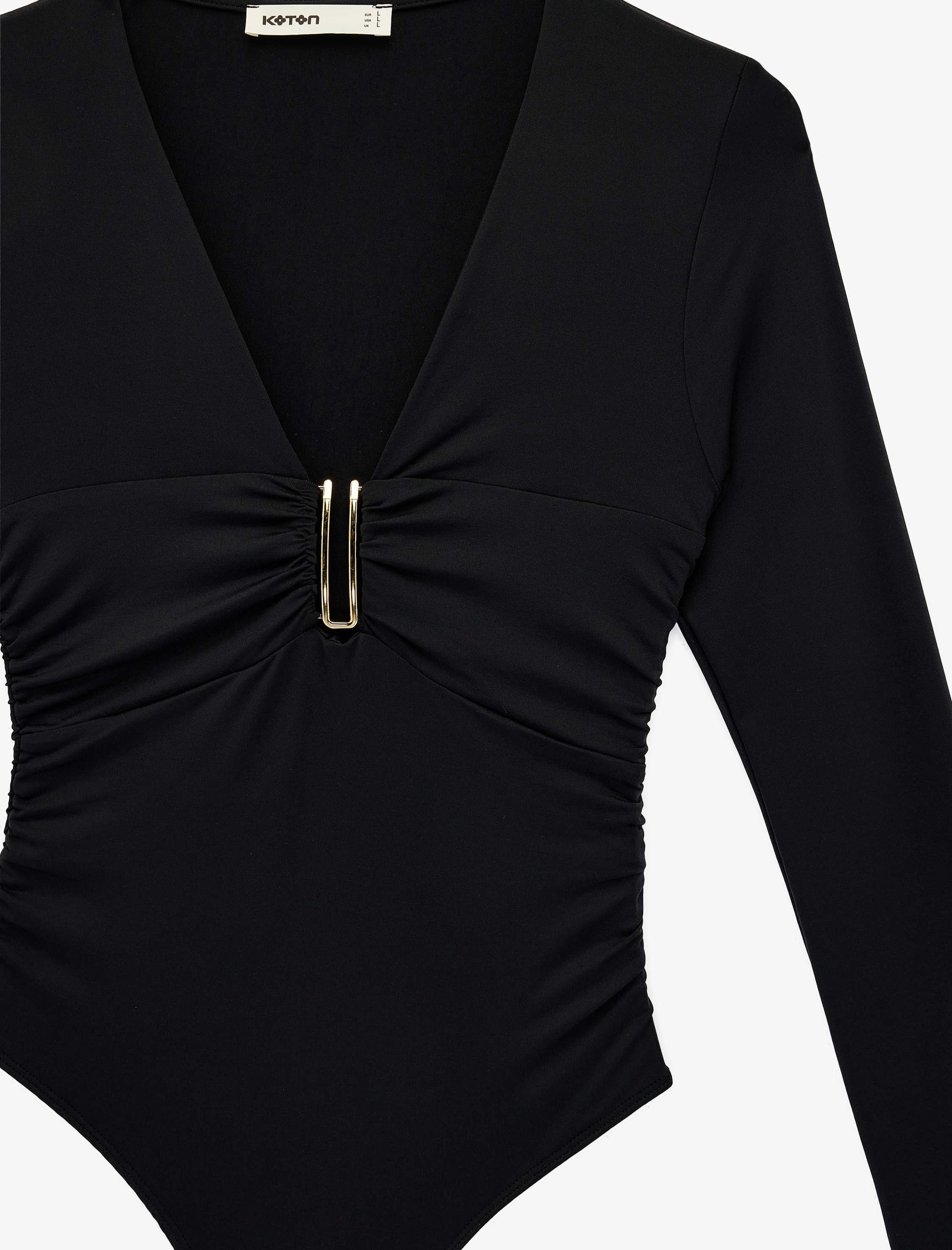   Uzun Kollu Metal Aksesuarlı Slim Fit V Yaka Bodysuit