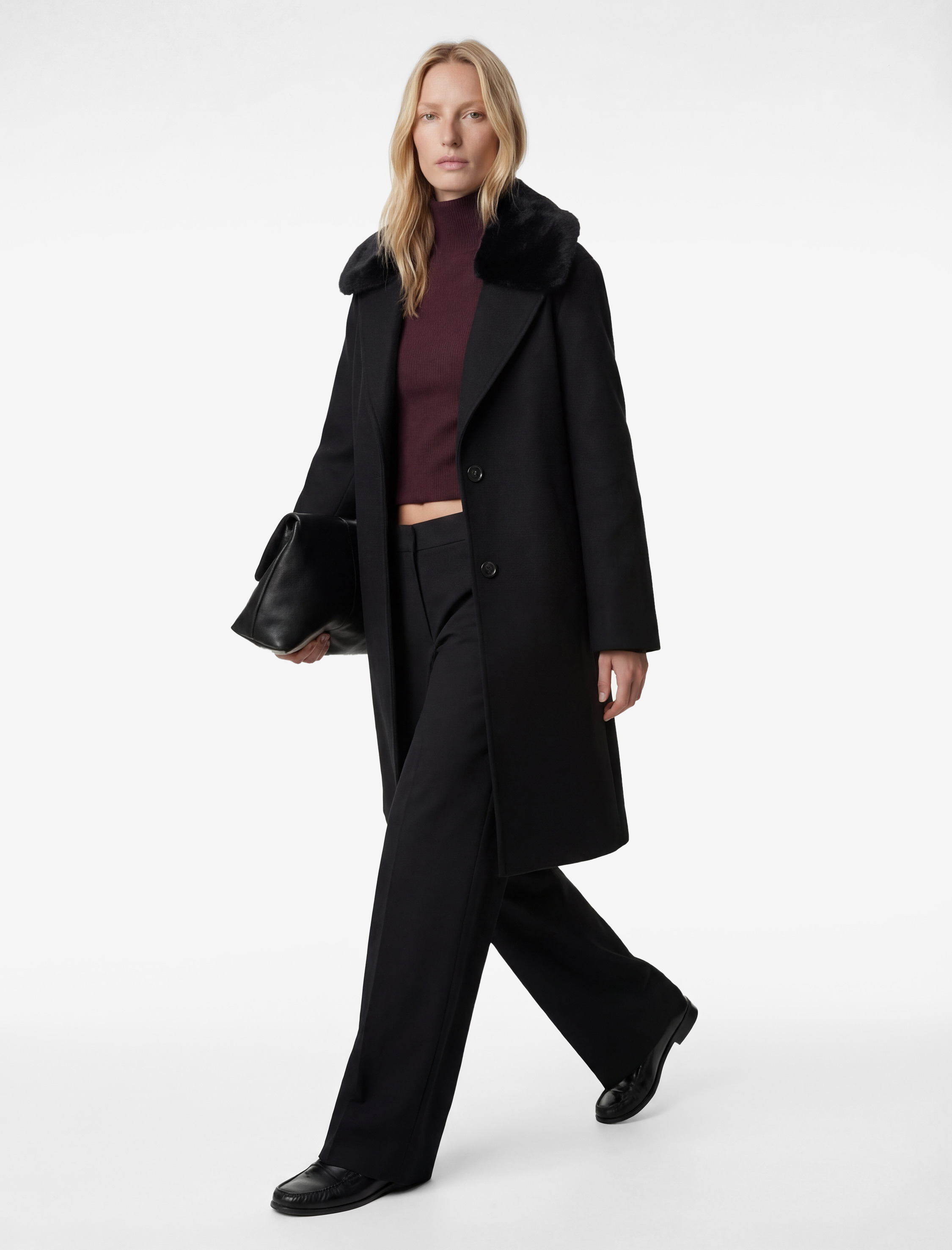   Uzun Kollu Düğmeli Cepli Çıkarılabilir Suni Kürklü Kaşe Kaban