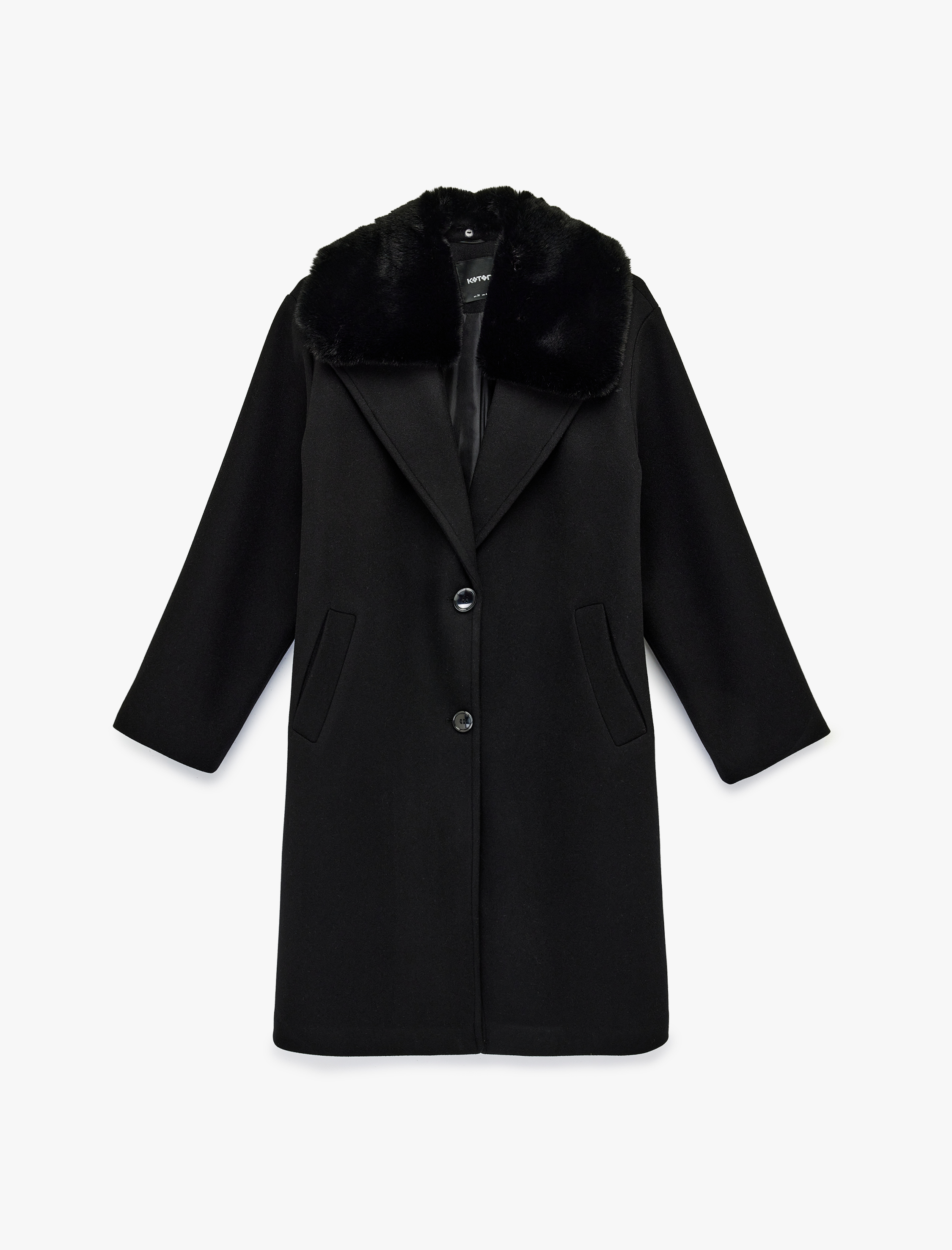   Uzun Kollu Düğmeli Cepli Çıkarılabilir Suni Kürklü Kaşe Kaban