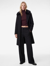 Uzun Kollu Düğmeli Cepli Çıkarılabilir Suni Kürklü Kaşe Kaban