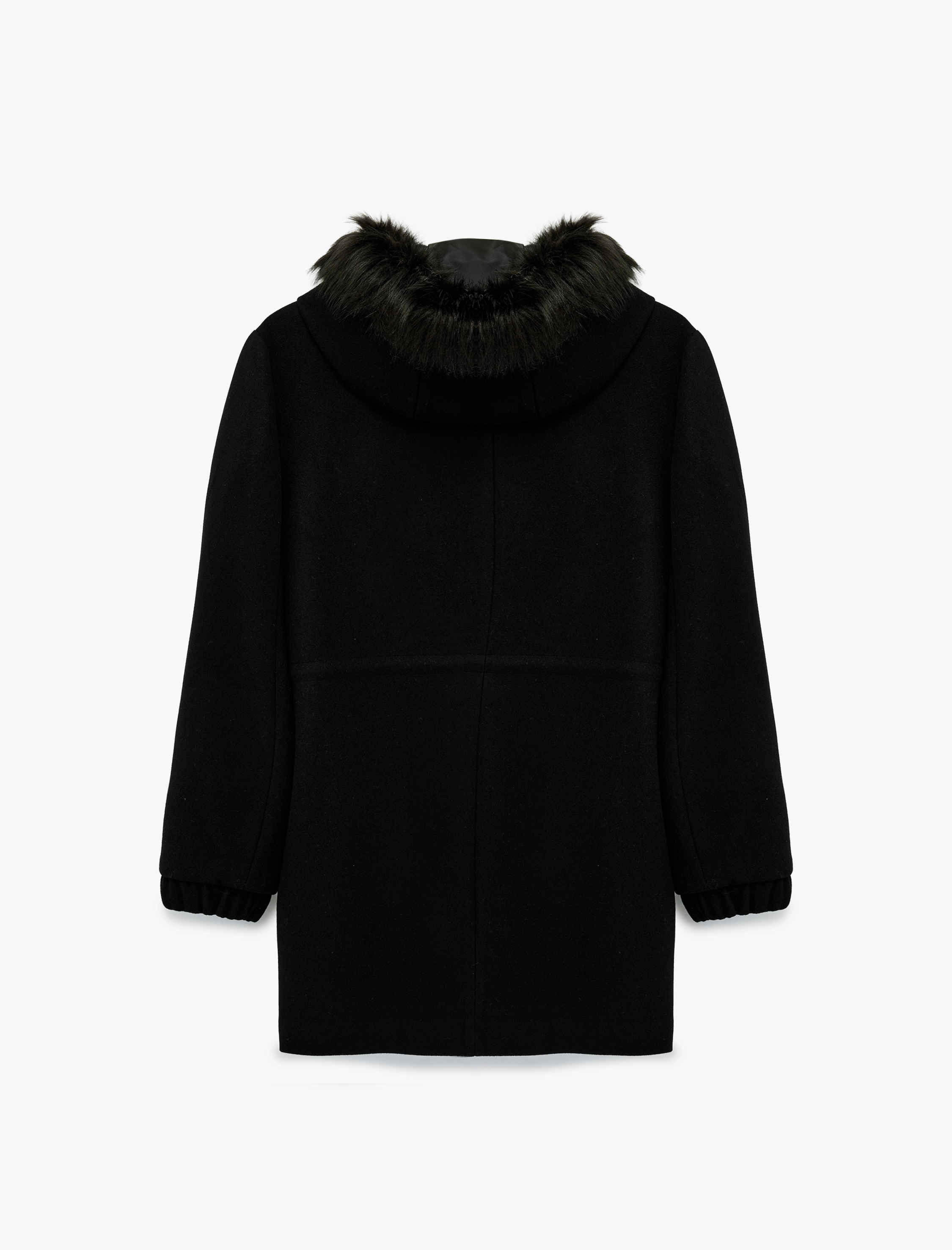   Uzun Kollu Beli Bağcıklı Fermuarlı Suni Kürklü Kapüşonlu Kaşe Kaban