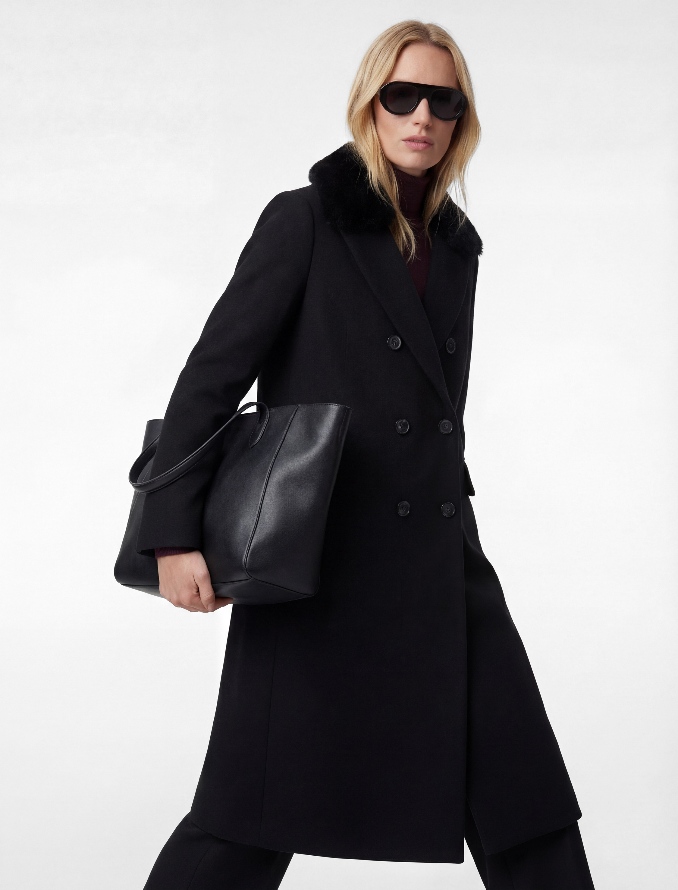   Uzun Kollu Çıkarılabilir Suni Kürk Yakalı Kruvaze Kaşe Kaban