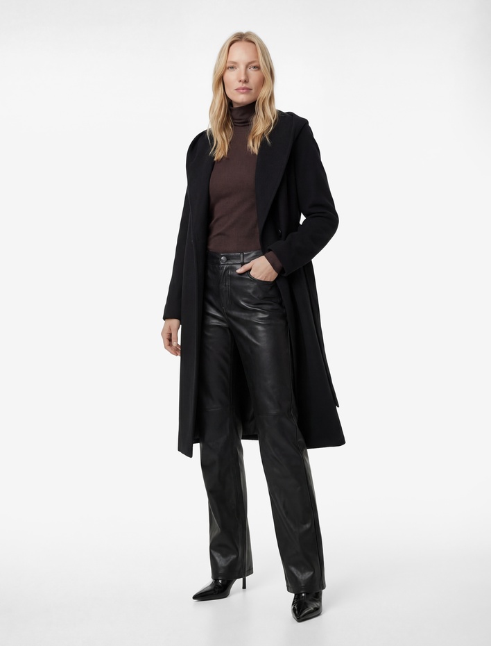  Uzun Kollu Cepli Kemerli Kapüşonlu Kaşe Kaban