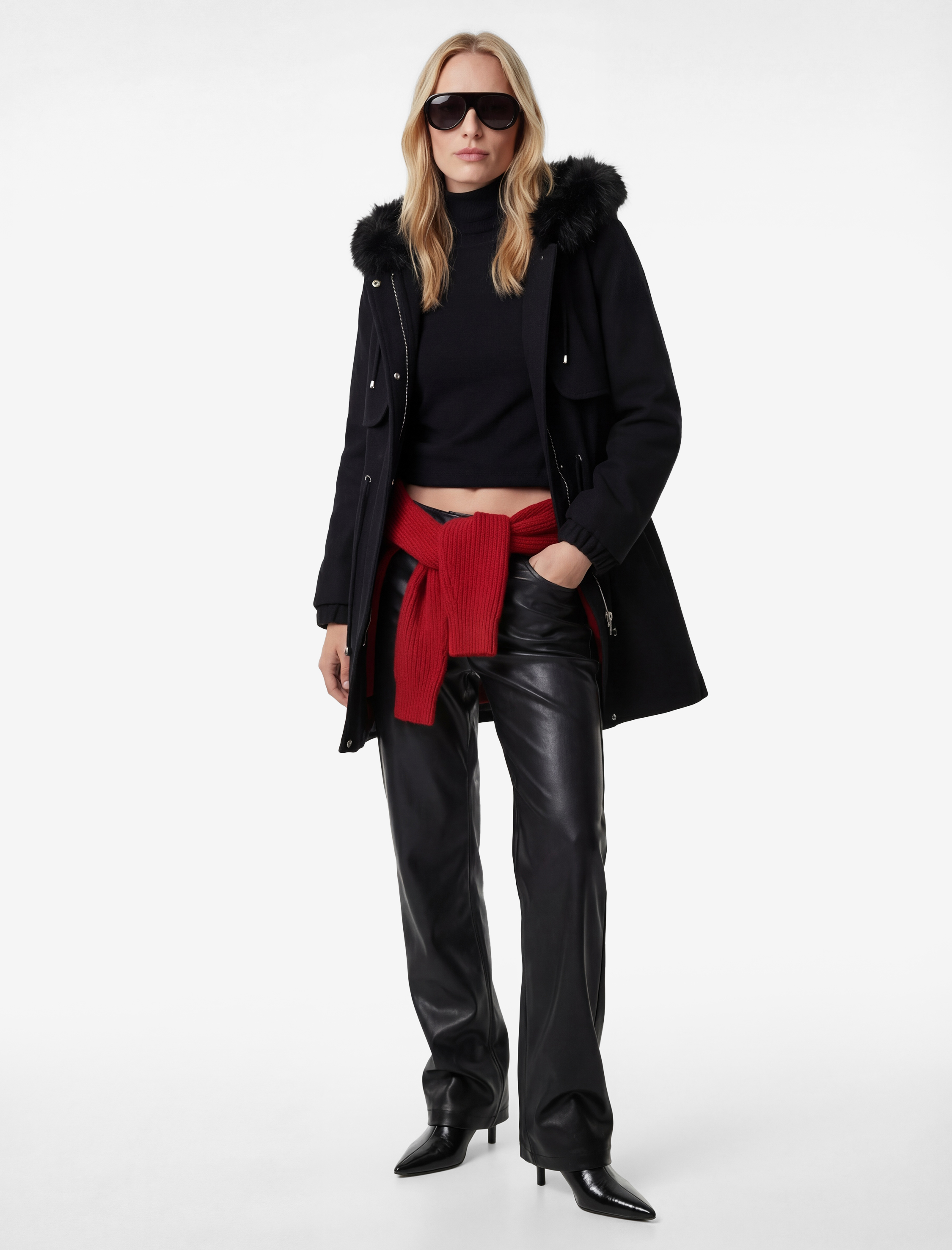   Uzun Kollu Beli Bağcıklı Fermuarlı Suni Kürklü Kapüşonlu Kaşe Kaban