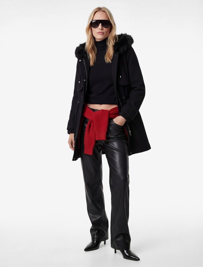  Uzun Kollu Beli Bağcıklı Fermuarlı Suni Kürklü Kapüşonlu Kaşe Kaban