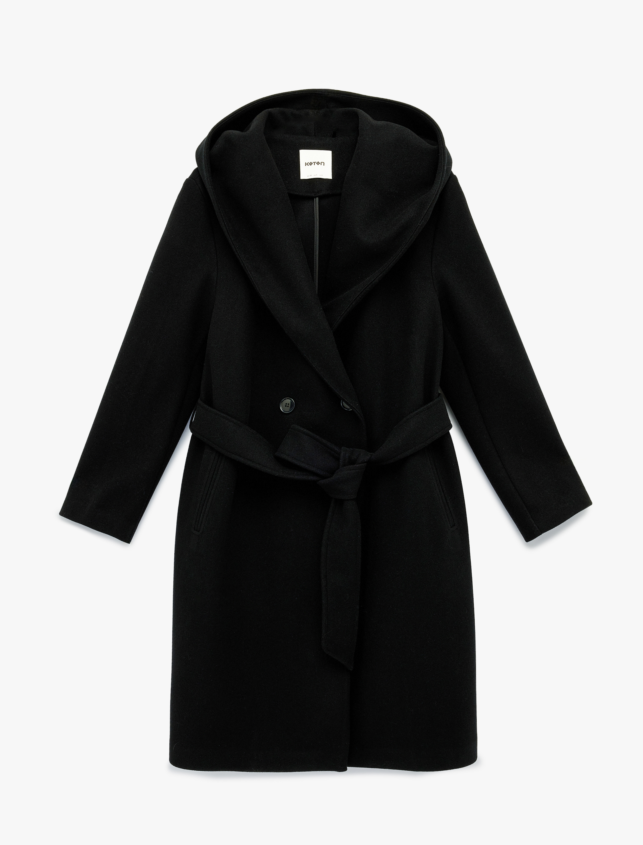   Uzun Kollu Cepli Kemerli Kapüşonlu Kaşe Kaban