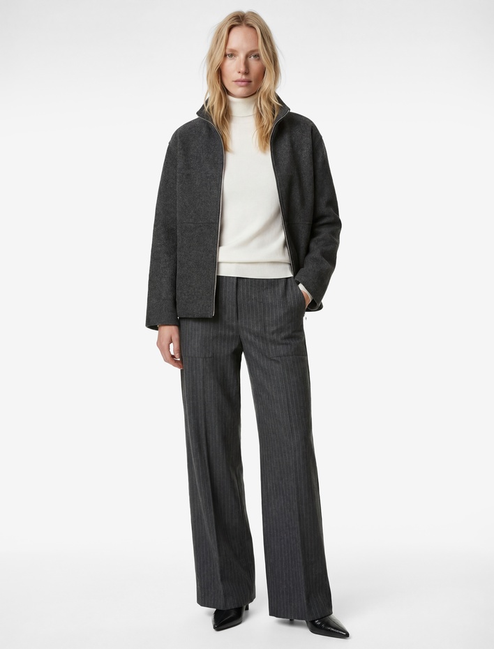  Dik Yaka Uzun Kollu Fermuarlı Kaşe Ceket