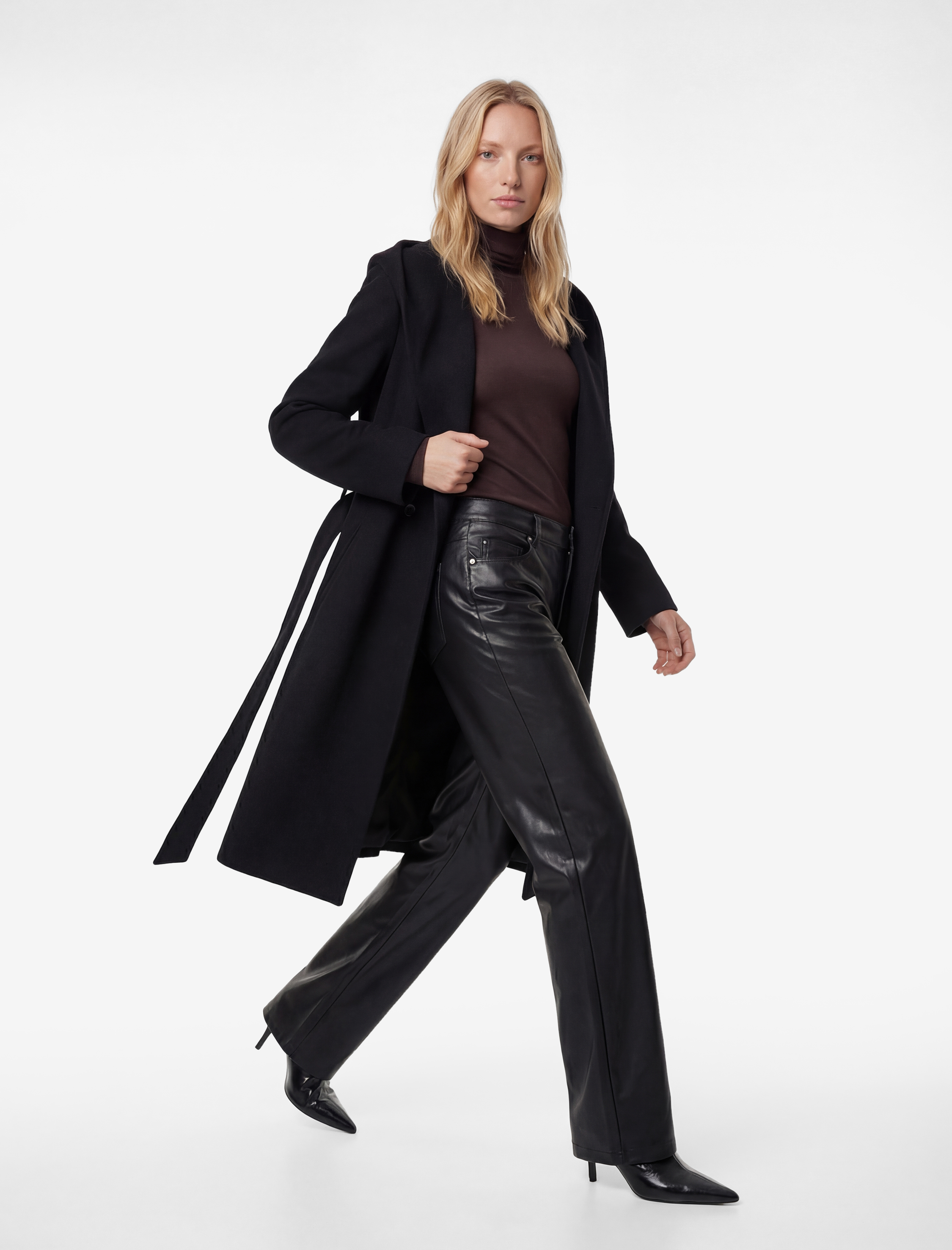   Uzun Kollu Cepli Kemerli Kapüşonlu Kaşe Kaban