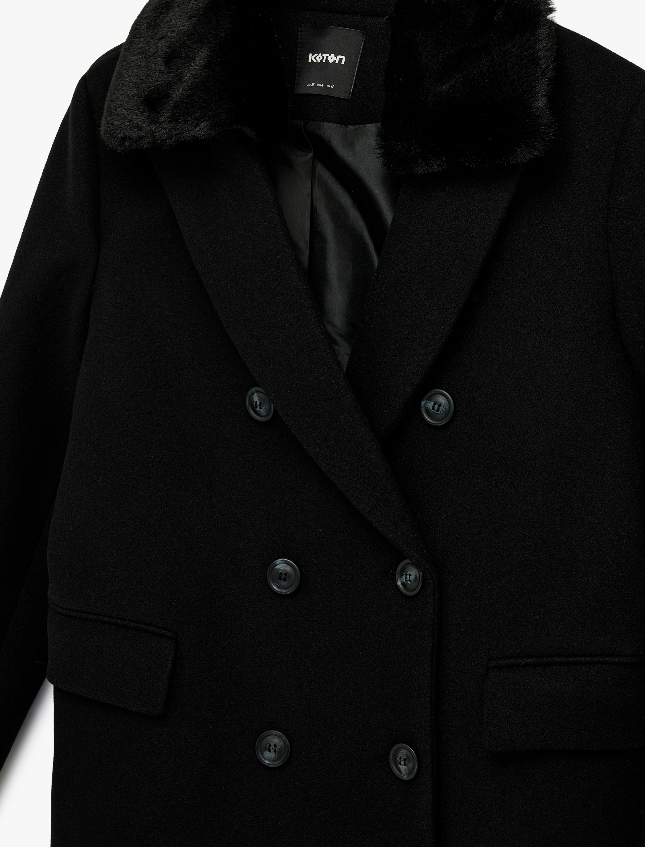   Uzun Kollu Çıkarılabilir Suni Kürk Yakalı Kruvaze Kaşe Kaban