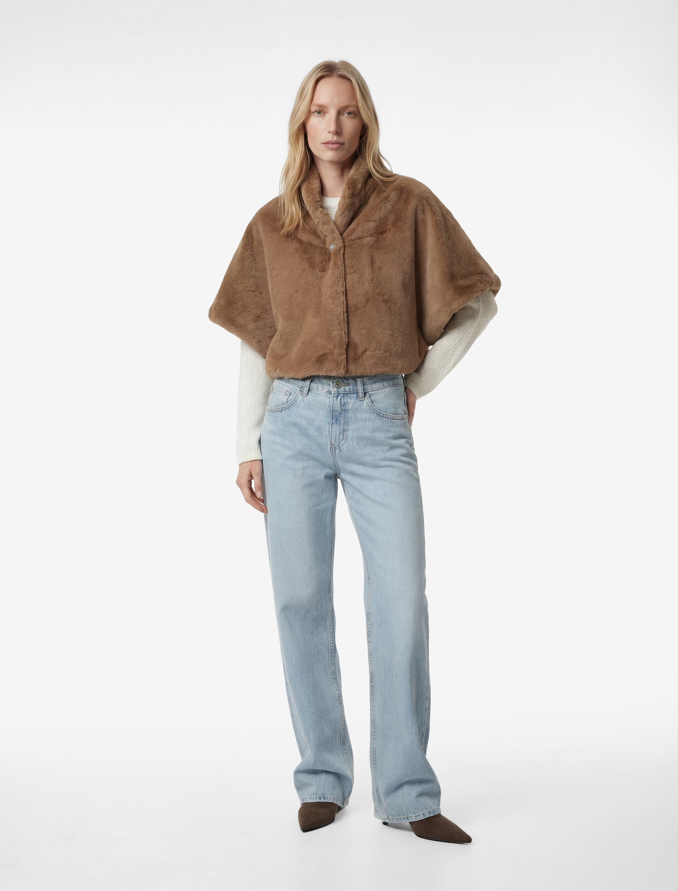   Dik Yaka Oversize Suni Kürk Pelerin Bolero