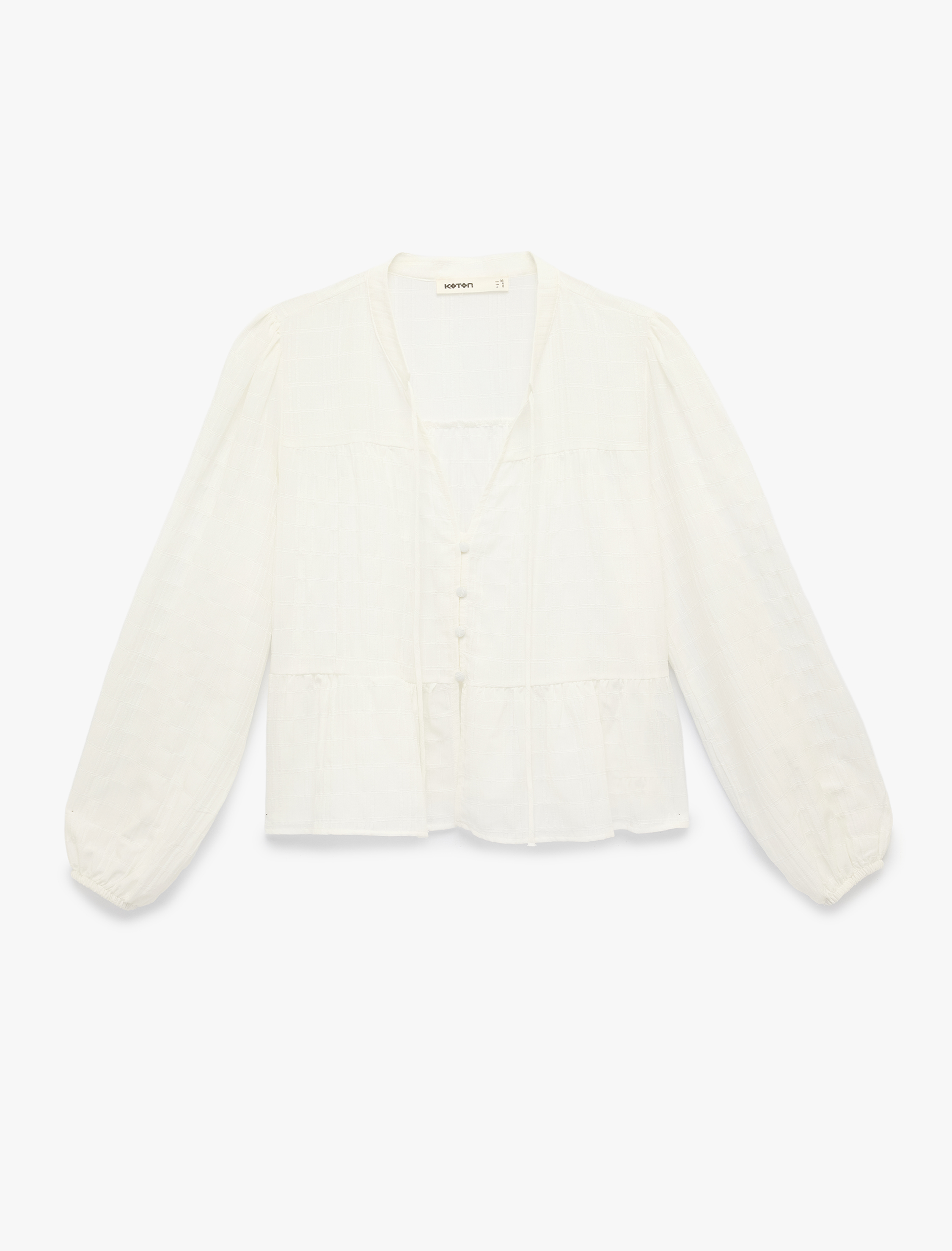   Bağcıklı Yaka Düğmeli Uzun Balon Kollu Gömlek