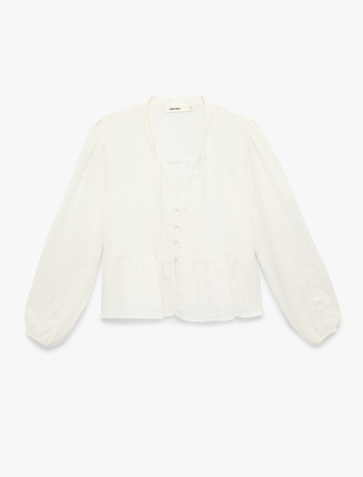  Bağcıklı Yaka Düğmeli Uzun Balon Kollu Gömlek