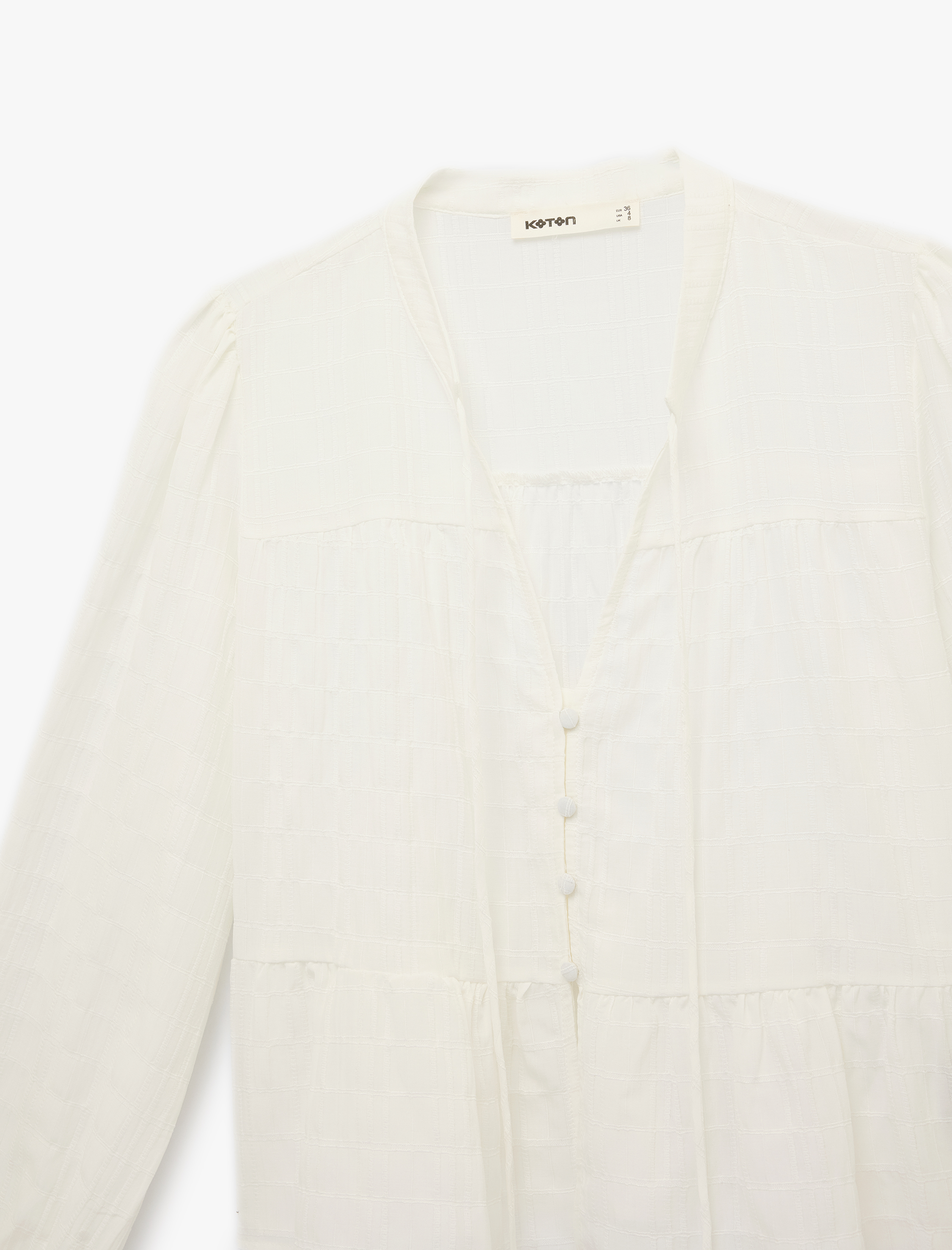   Bağcıklı Yaka Düğmeli Uzun Balon Kollu Gömlek