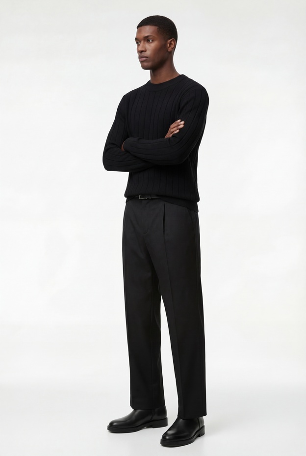  Regular Fit Uzun Kollu Çizgili Dokulu Bisiklet Yaka Triko Kazak