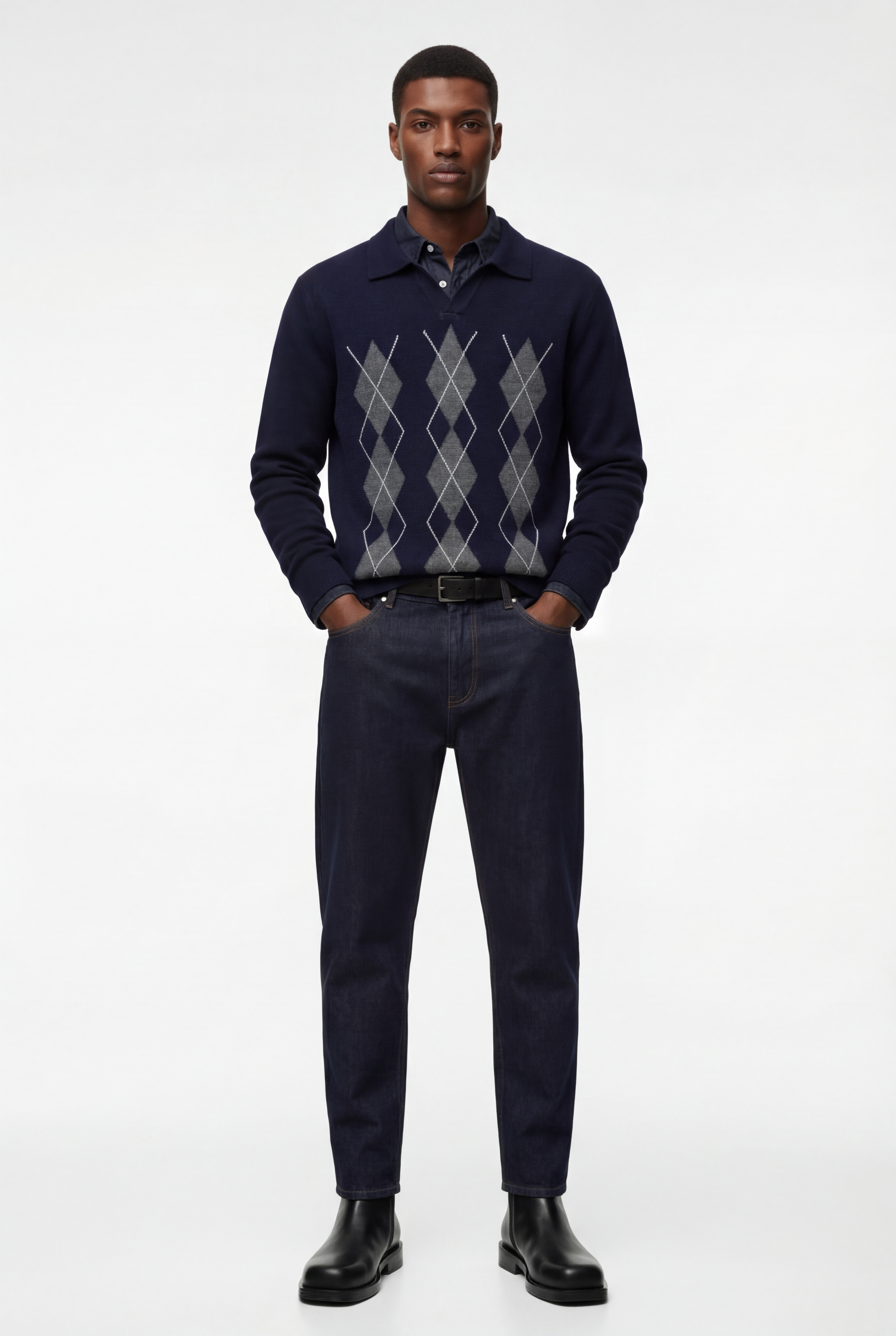   Regular Fit Uzun Kollu Baklava Desenli V Yaka Polo Triko Kazak