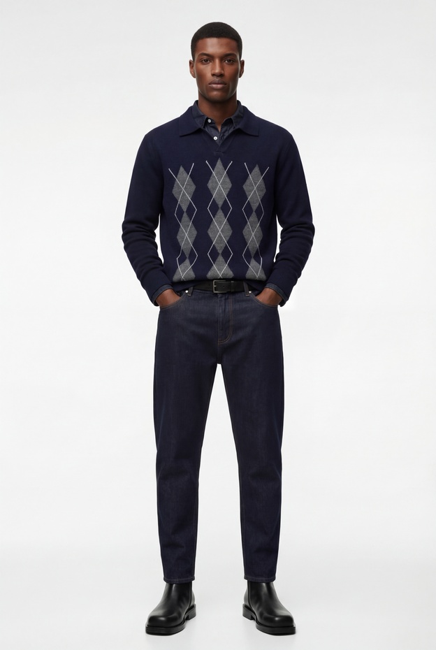  Regular Fit Uzun Kollu Baklava Desenli V Yaka Polo Triko Kazak