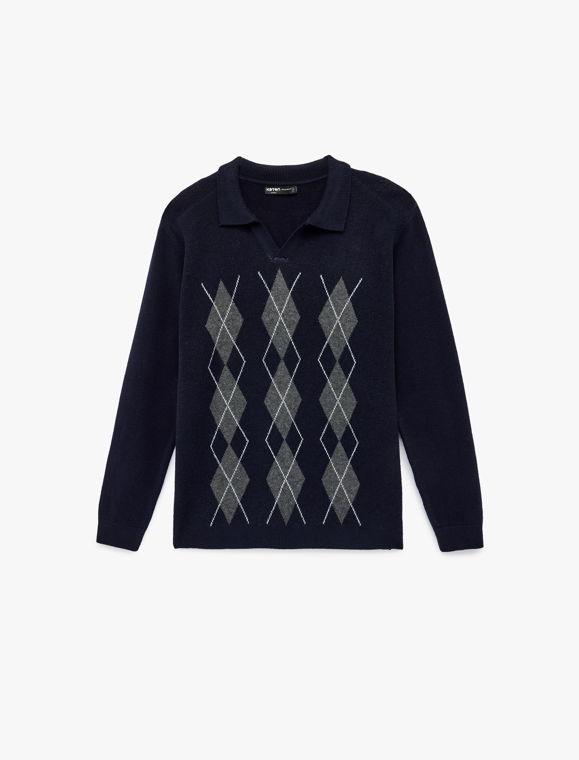   Regular Fit Uzun Kollu Baklava Desenli V Yaka Polo Triko Kazak