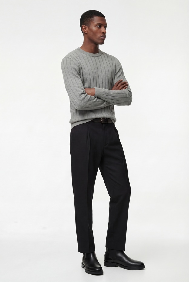  Regular Fit Uzun Kollu Çizgili Dokulu Bisiklet Yaka Triko Kazak