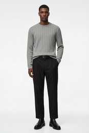 Regular Fit Uzun Kollu Çizgili Dokulu Bisiklet Yaka Triko Kazak