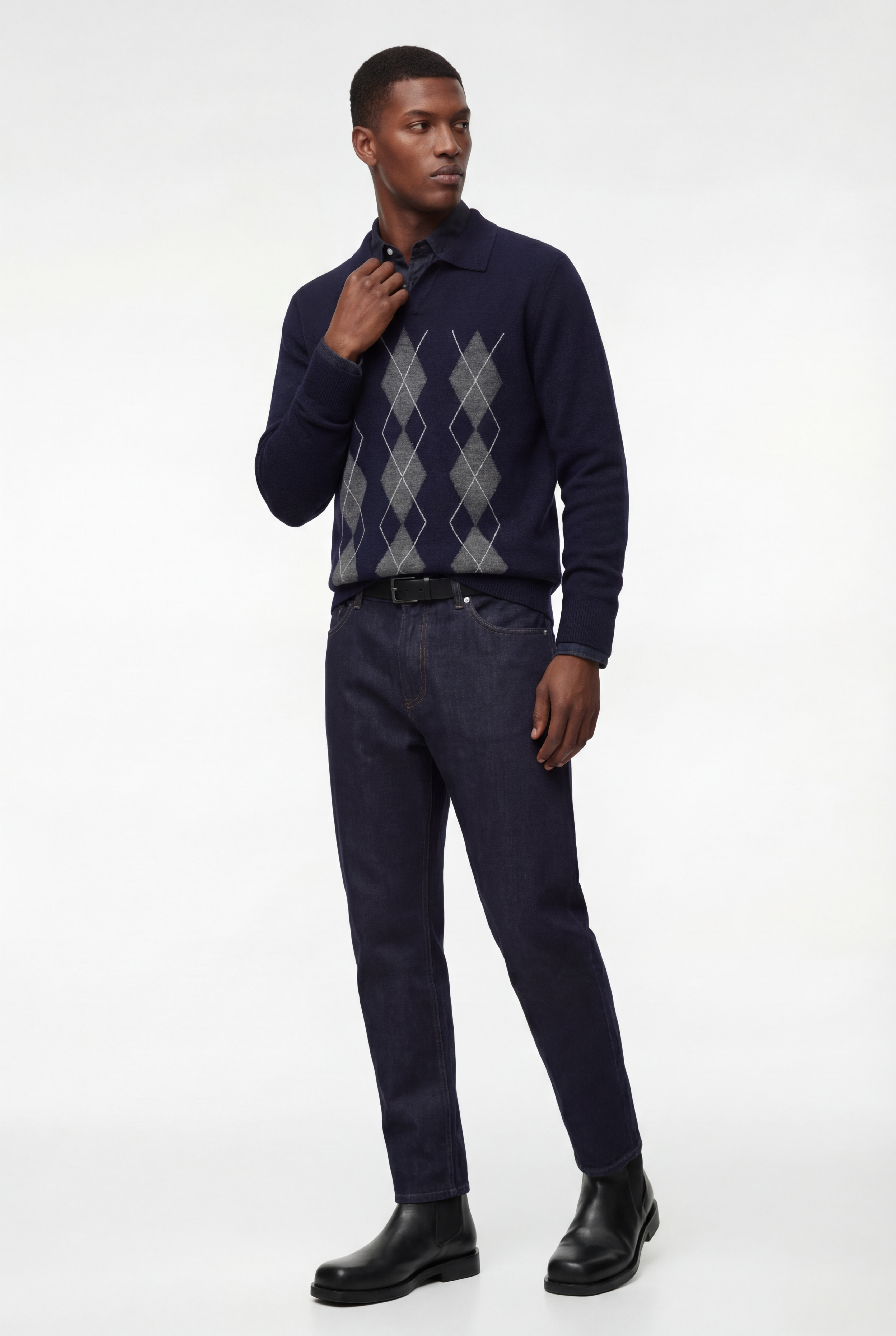   Regular Fit Uzun Kollu Baklava Desenli V Yaka Polo Triko Kazak