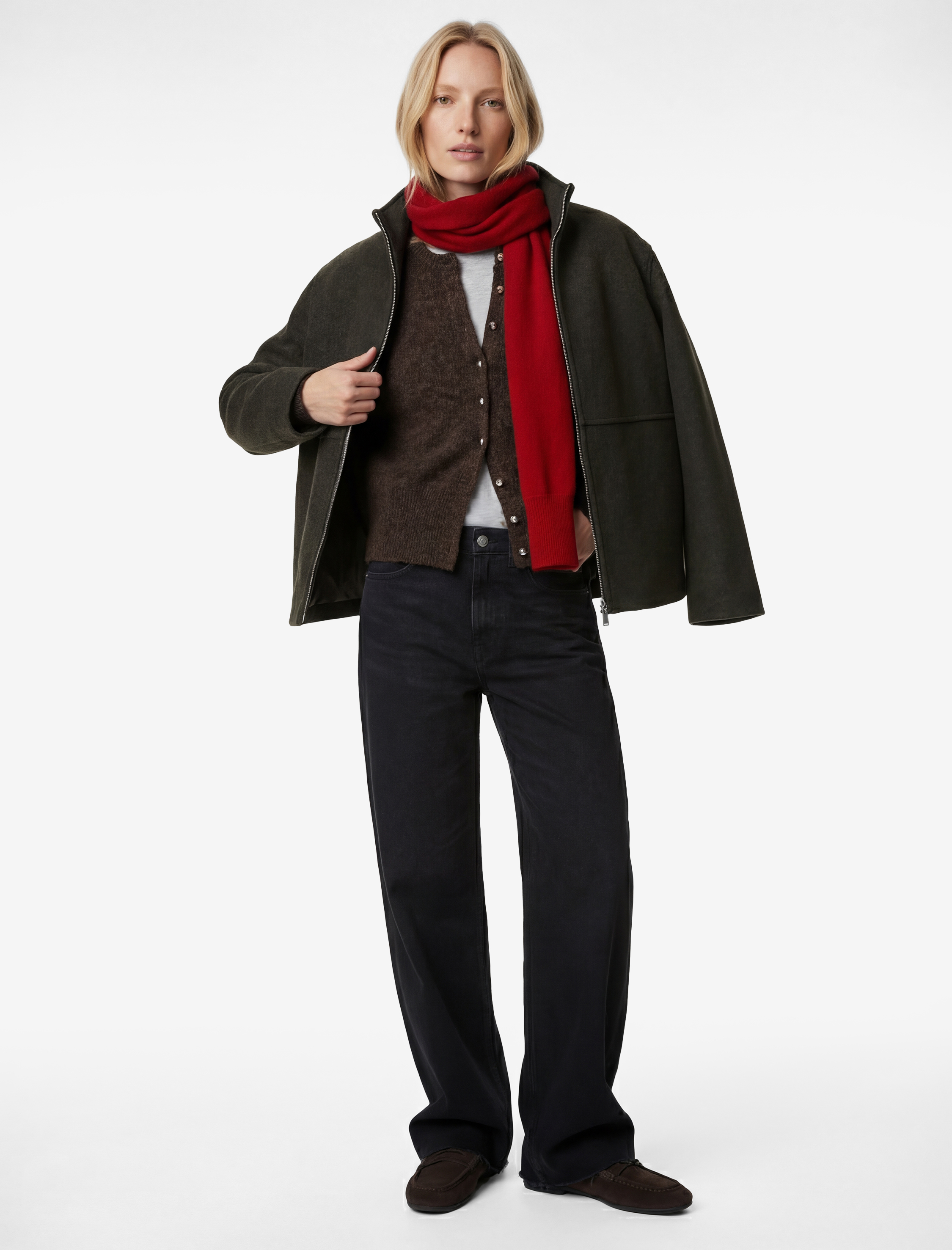   Dik Yaka Uzun Kollu Fermuarlı Kaşe Ceket