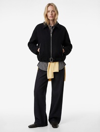 Uzun Kollu Kemer Detaylı Fermuarlı Oversize Kaşe Bomber Ceket