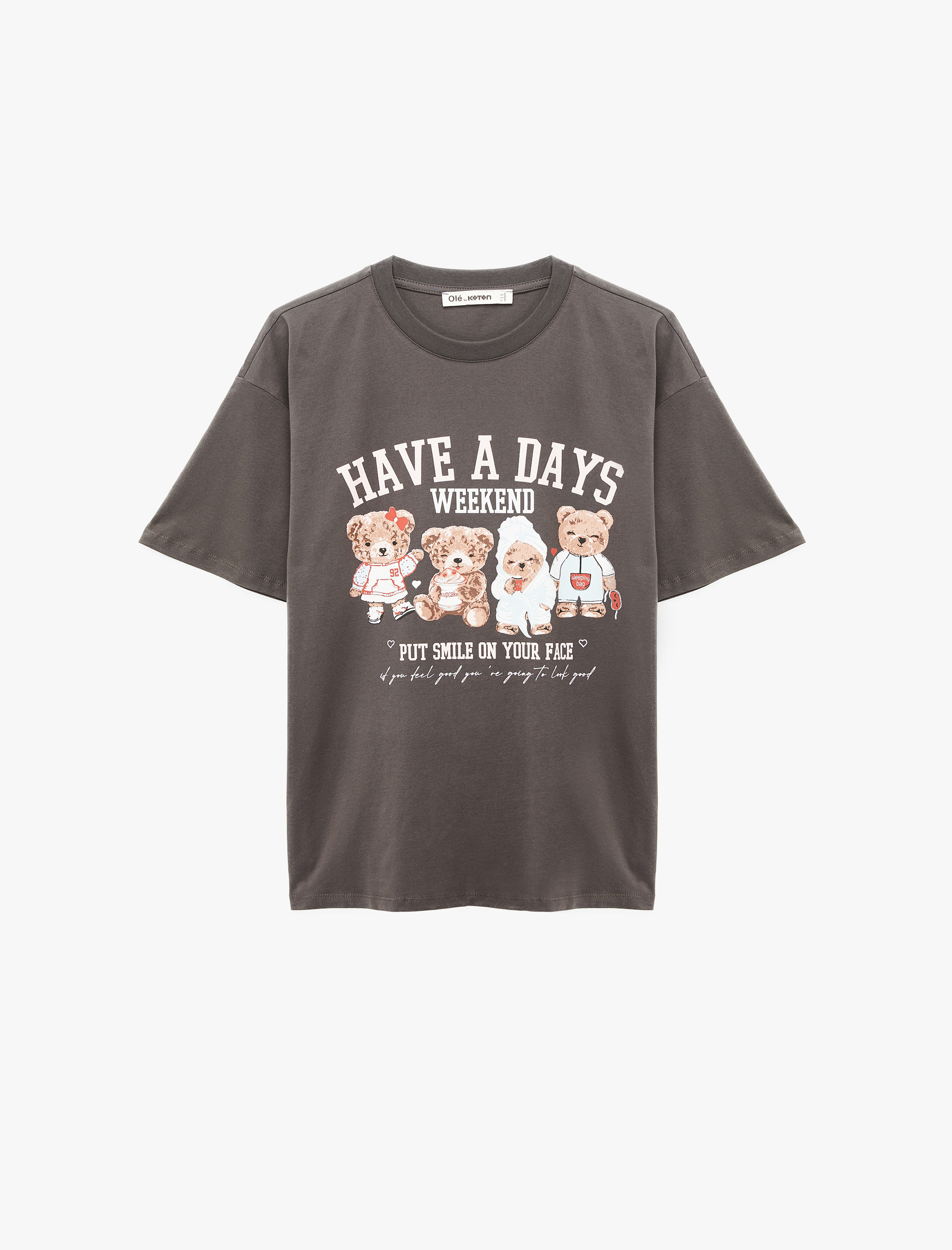   Kısa Kollu Bisiklet Yaka Ayıcık Baskılı Oversize Tişört