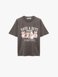 Kısa Kollu Bisiklet Yaka Ayıcık Baskılı Oversize Tişört