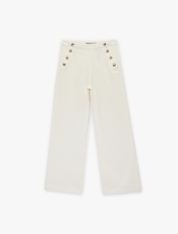 Düğme Detaylı Cepli Geniş Paça Denim Pantolon -  Wide Leg Jeans