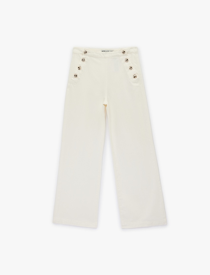  Düğme Detaylı Cepli Geniş Paça Denim Pantolon -  Wide Leg Jeans