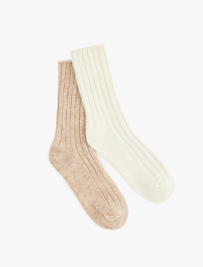 Kadın Fitilli Koyun Yünü Karışımlı 2'li Kalın Soket Çorap Seti