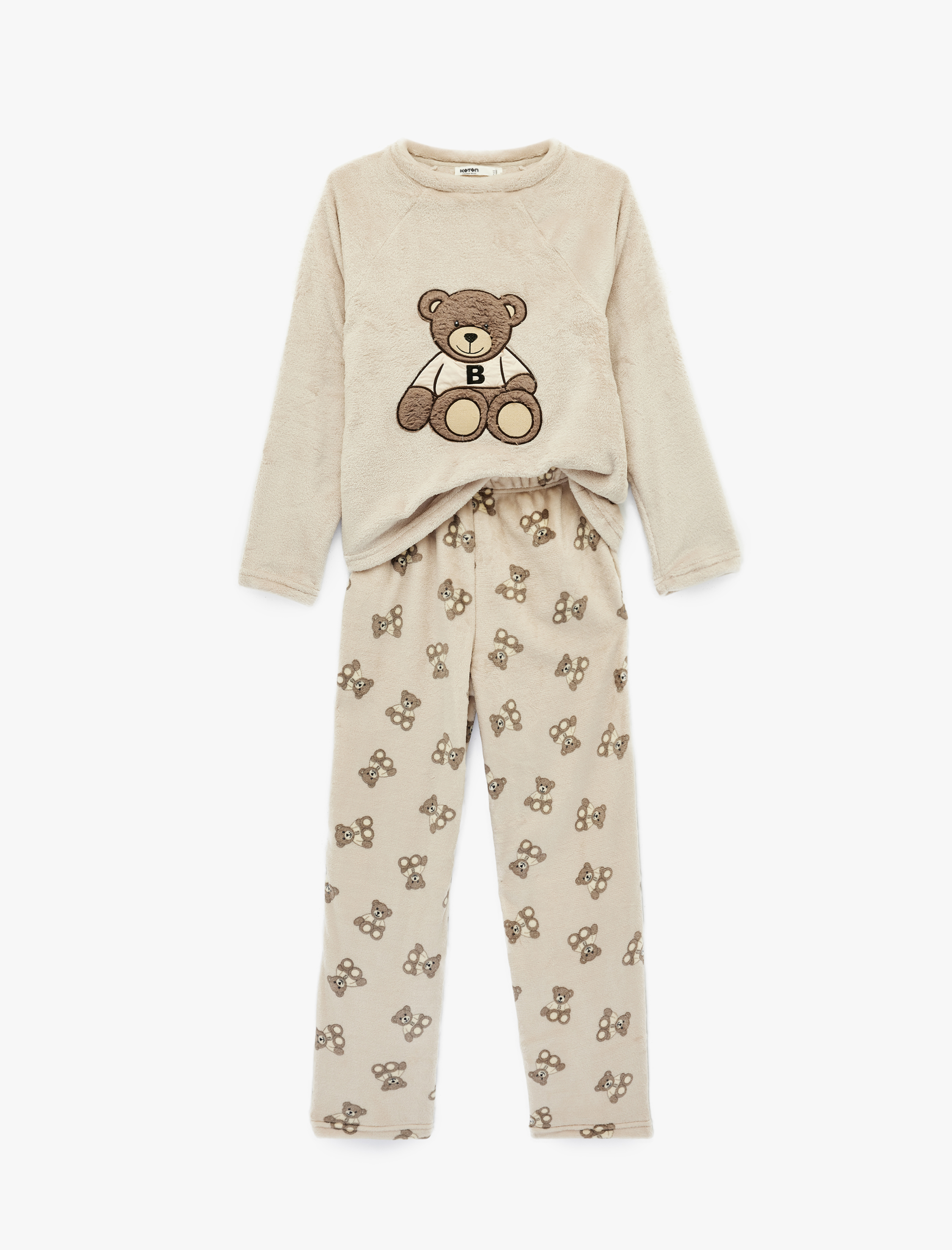   Uzun Kollu Bisiklet Yaka Ayıcık Detaylı Polar Pijama Takımı