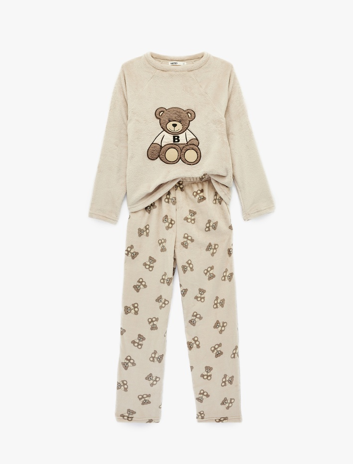  Uzun Kollu Bisiklet Yaka Ayıcık Detaylı Polar Pijama Takımı