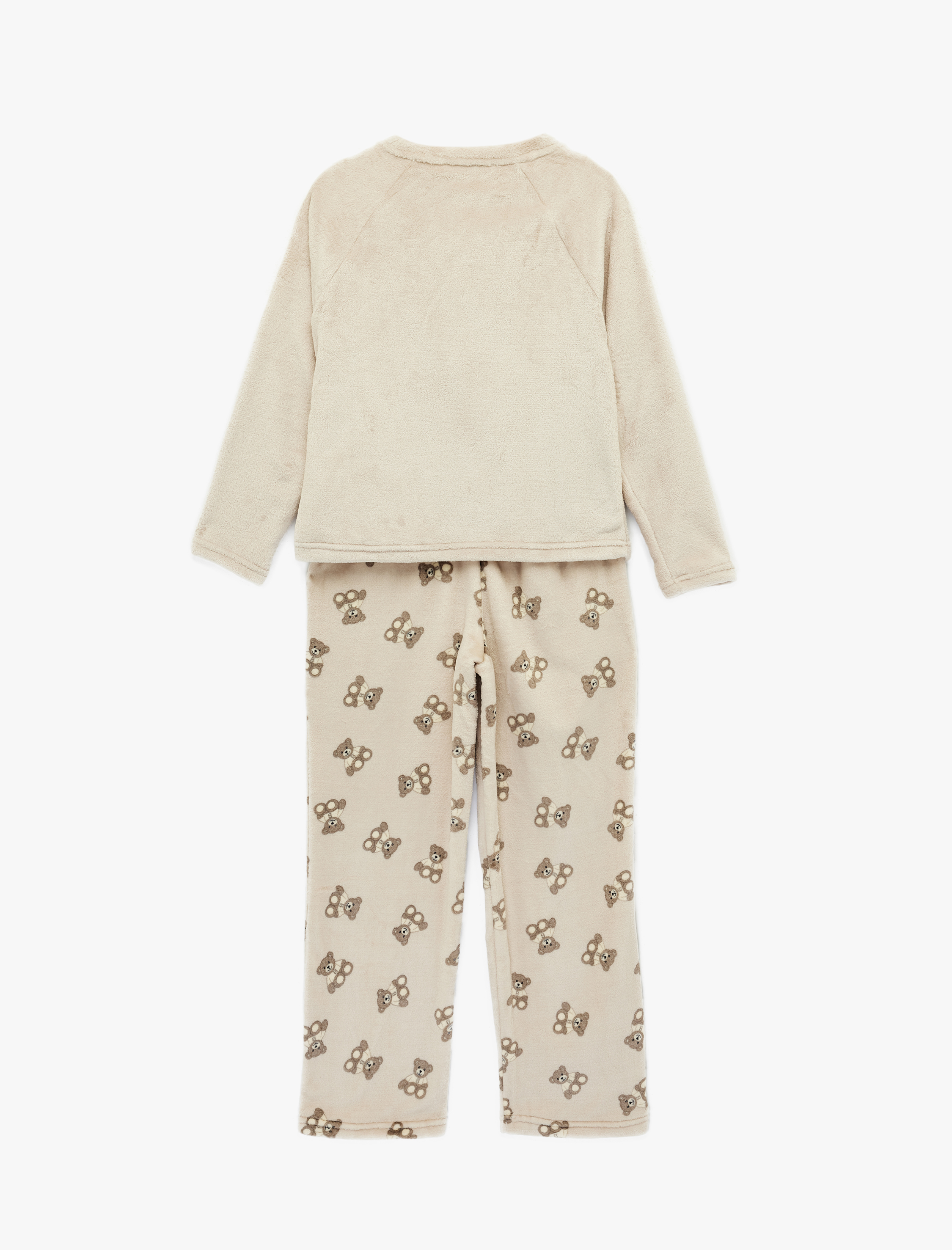   Uzun Kollu Bisiklet Yaka Ayıcık Detaylı Polar Pijama Takımı