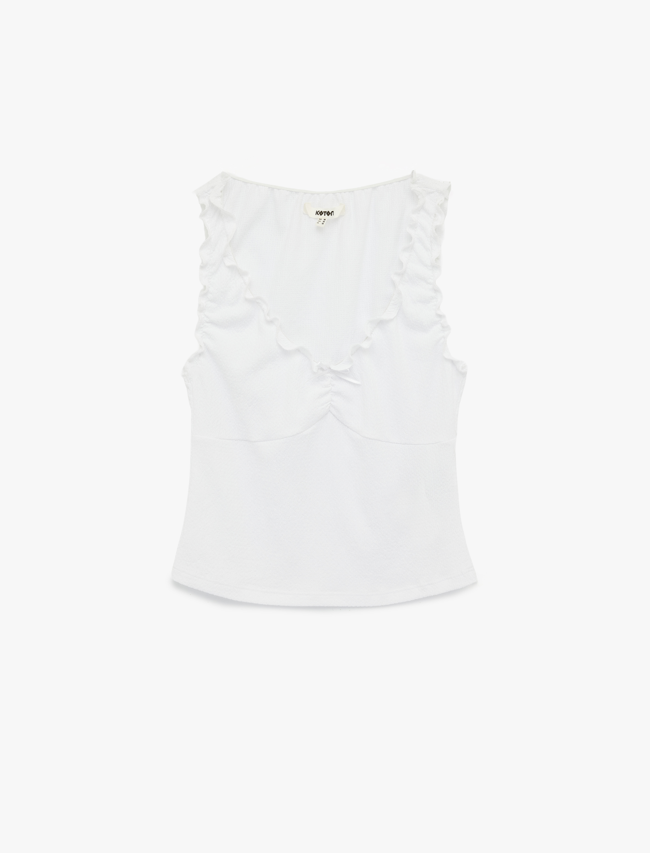   Bürümcük Kumaş V Yaka Fiyonklu Fırfırlı Kolsuz Bluz