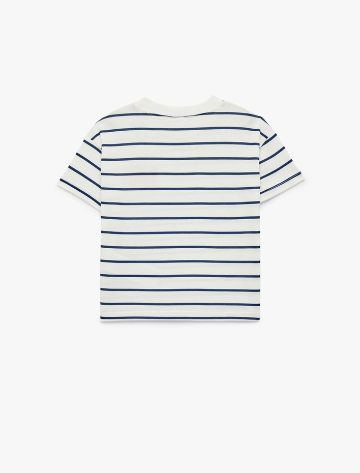 Erkek Bebek Pamuklu Yengeç Nakış Detaylı Kısa Kollu Bisiklet Yaka Çizgili Tişört
